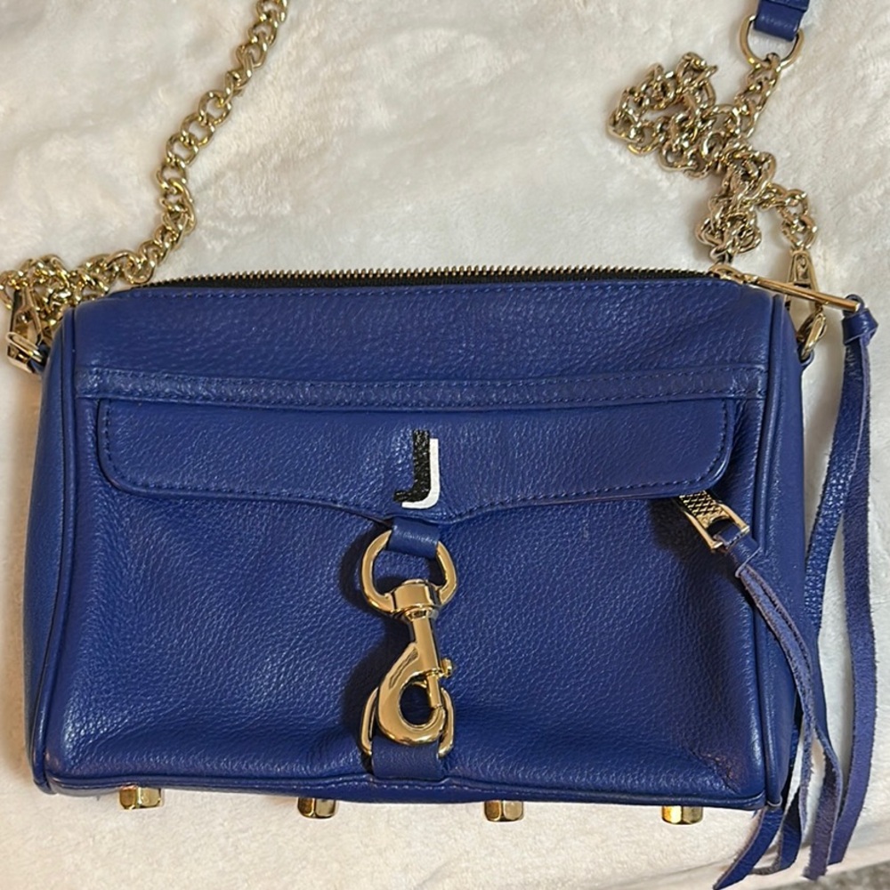 Rebecca Minkoff Mini M.A.C. Blue Leather Crossbody Bag with “J” initial